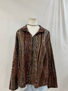 Women's Brown Multi-Pattern Zip Front Blazer Jacket